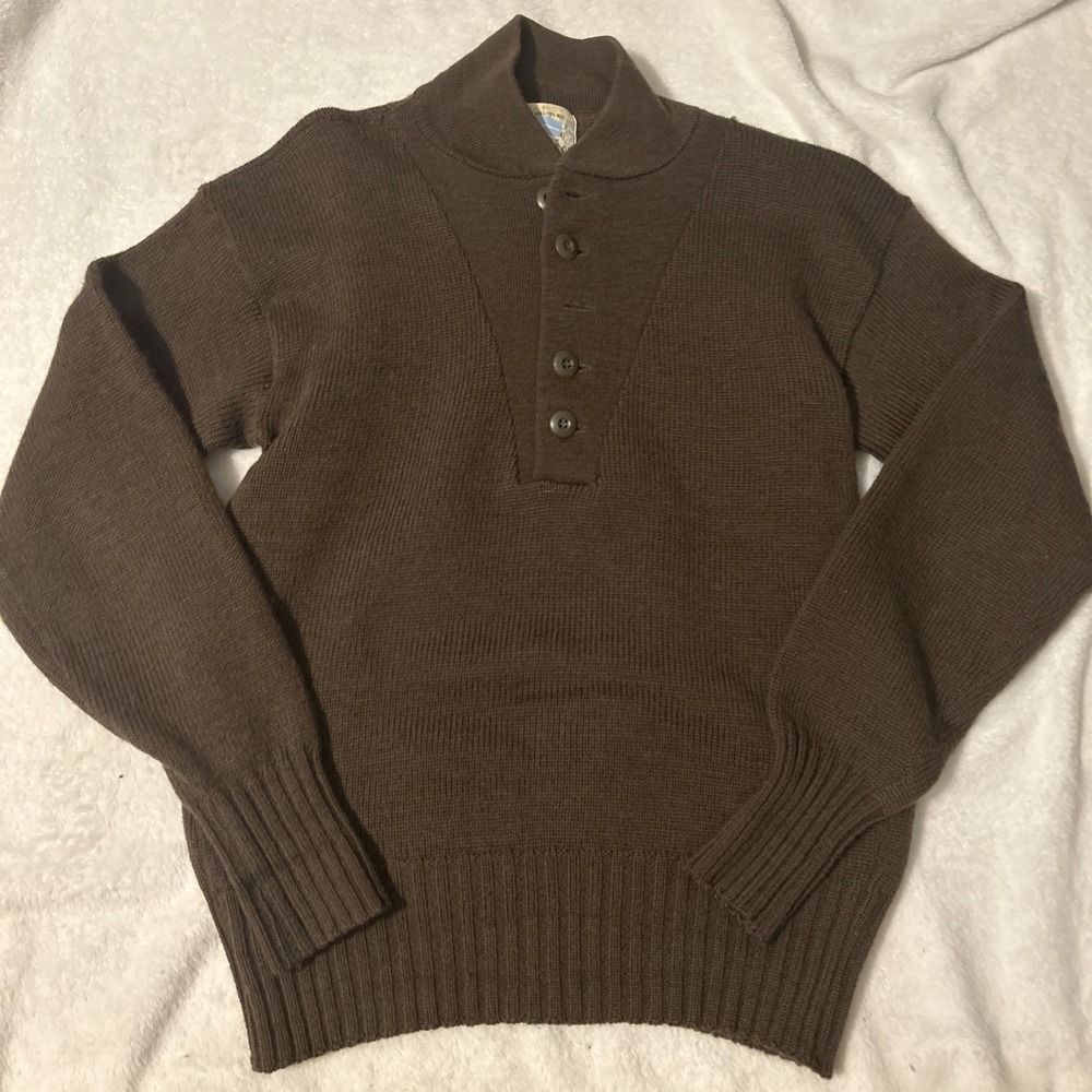 Vintage US Military 100% Wool 5 Button Henley Sweater Brown Mens Large